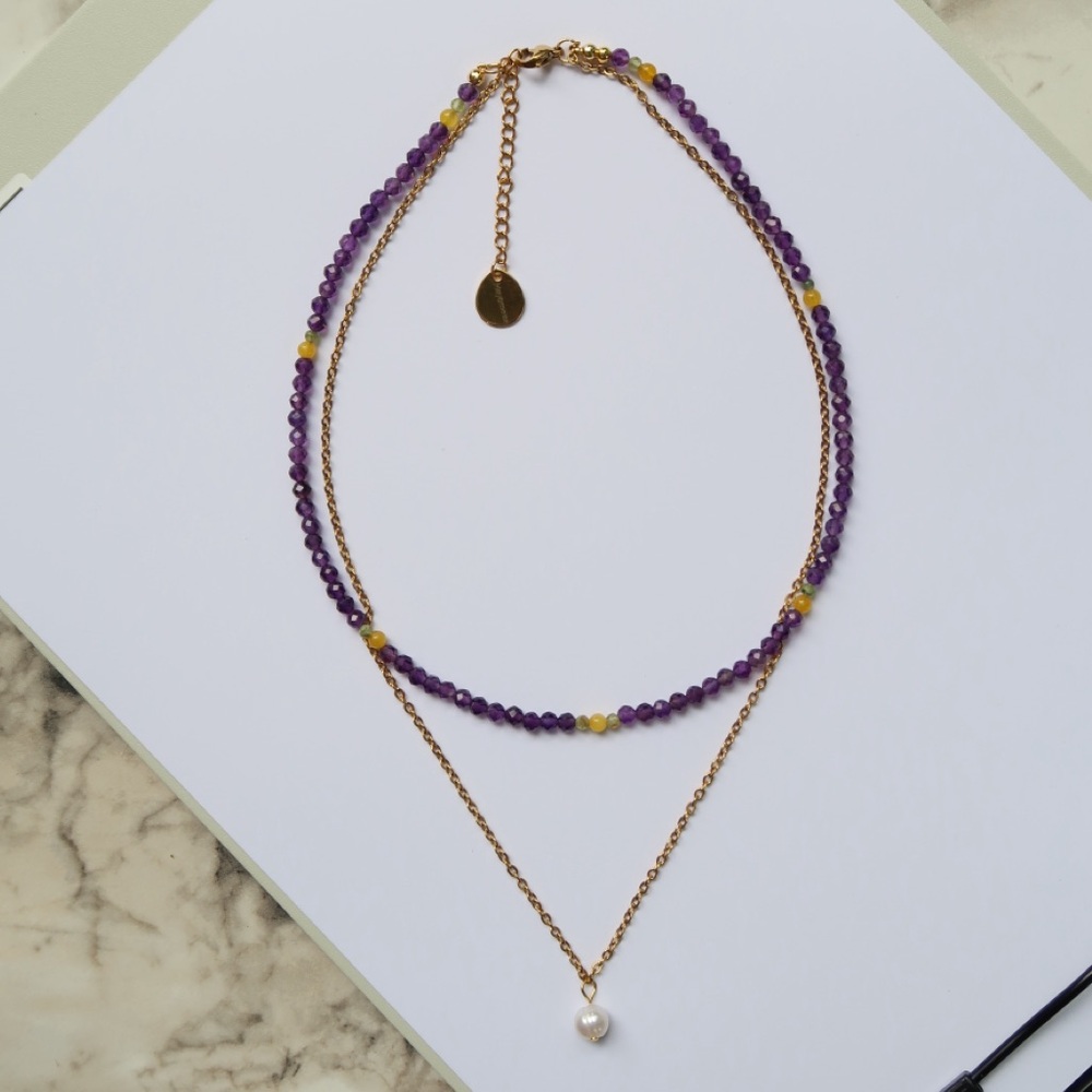 Hayamoon Aura Care Natural Healing Stone Purple Amethyst Pearl Layered Necklace